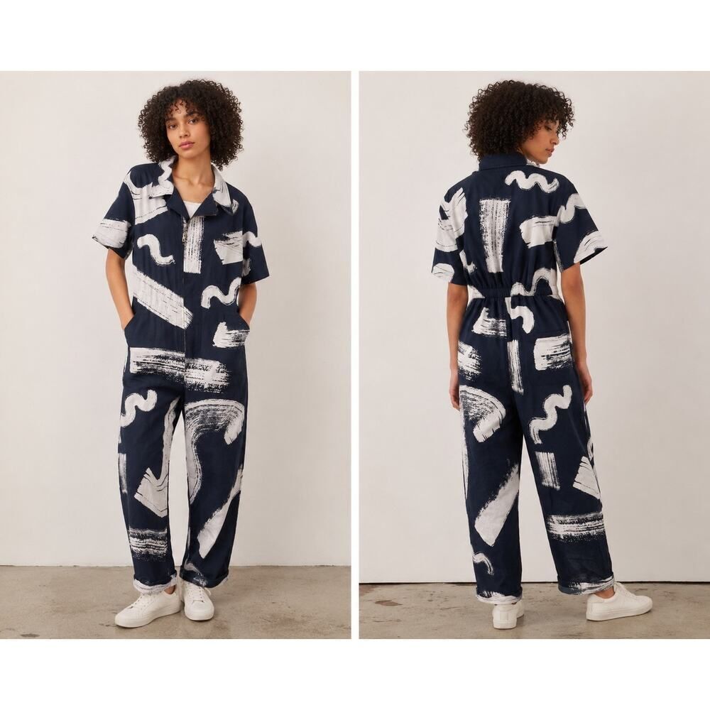 Print All Over Me Abstract Brushstroke Zip Front Jumpsuit Navy White XS